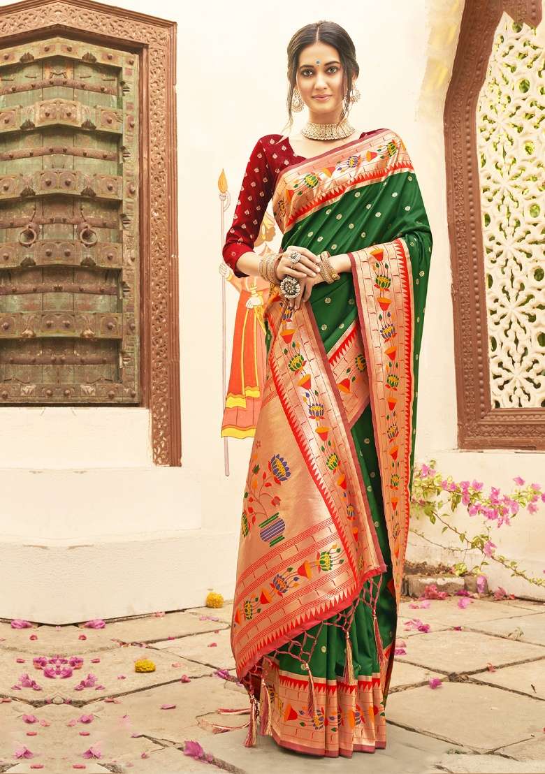 Dark Green Zari Work Silk Blend Saree Set - Indya