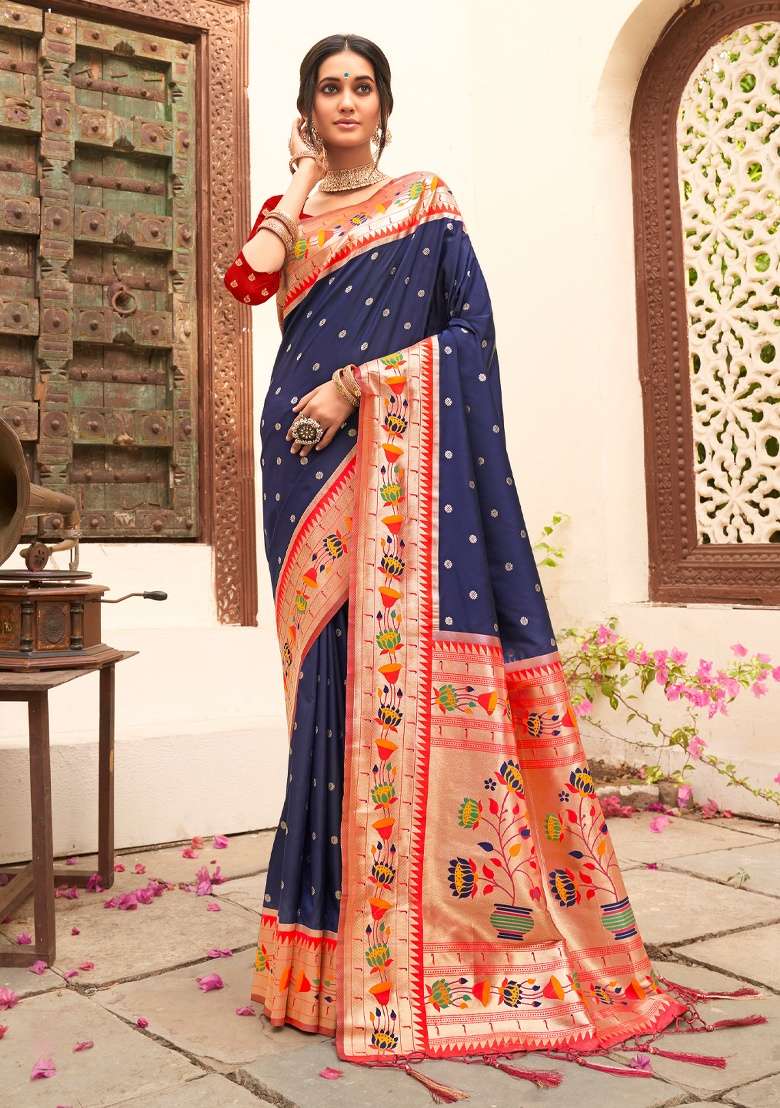 Navy Blue Zari Work Silk Blend Saree Set - Indya