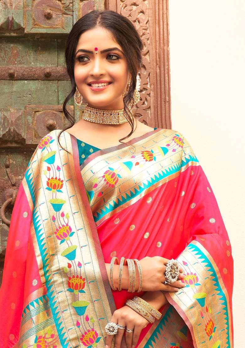 Pink Zari Work Silk Blend Saree Set - Indya