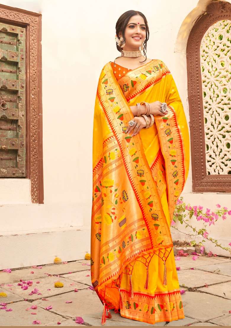 Yellow Zari Work Silk Blend Saree Set - Indya