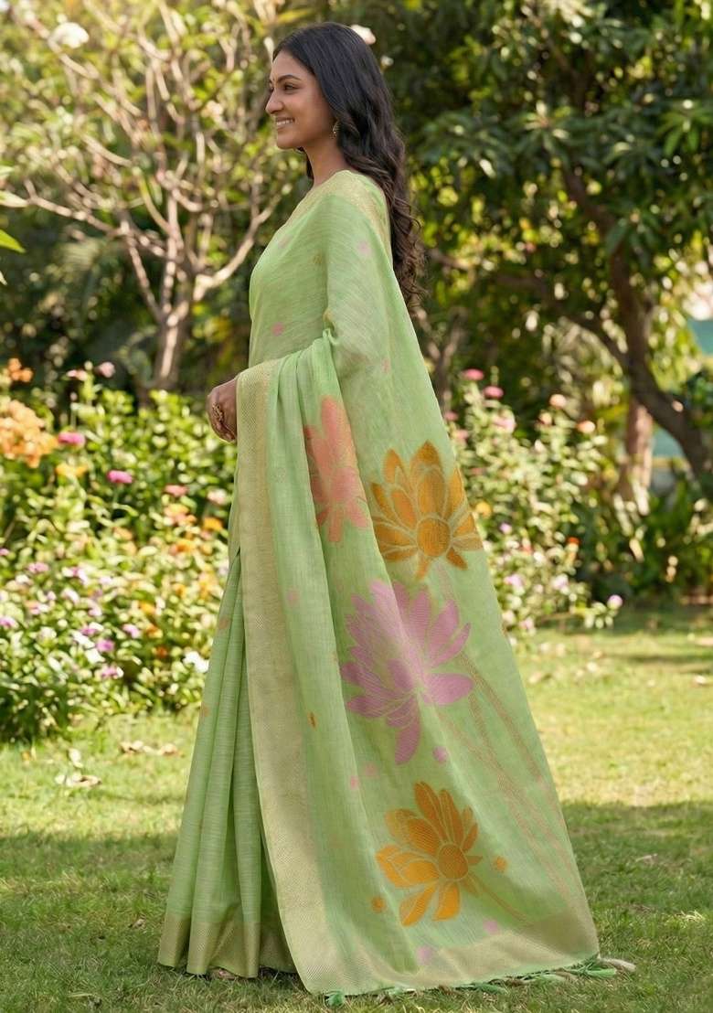 Green Floral Print Linen Saree Set - Indya