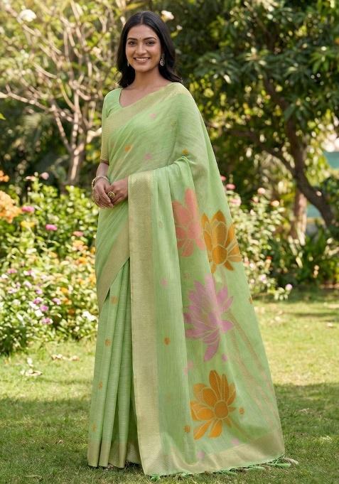 Green Floral Print Linen Saree Set