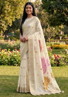 Off White Floral Print Linen Saree Set