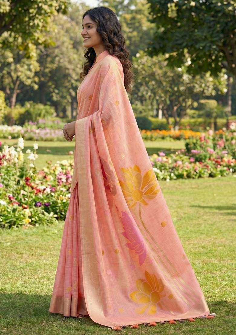Peach Floral Print Linen Saree Set - Indya