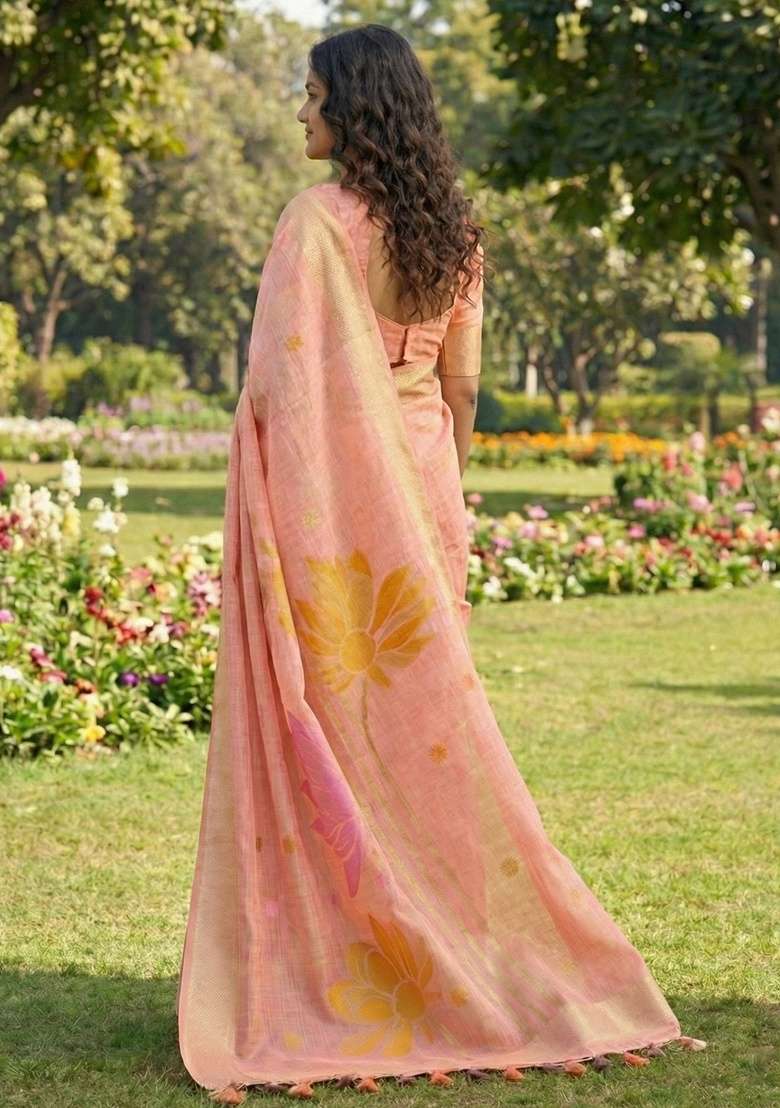 Peach Floral Print Linen Saree Set - Indya