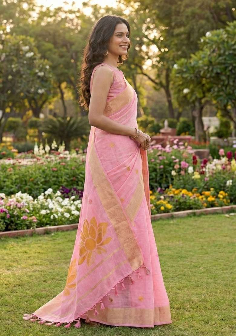 Pink Floral Print Linen Saree Set - Indya