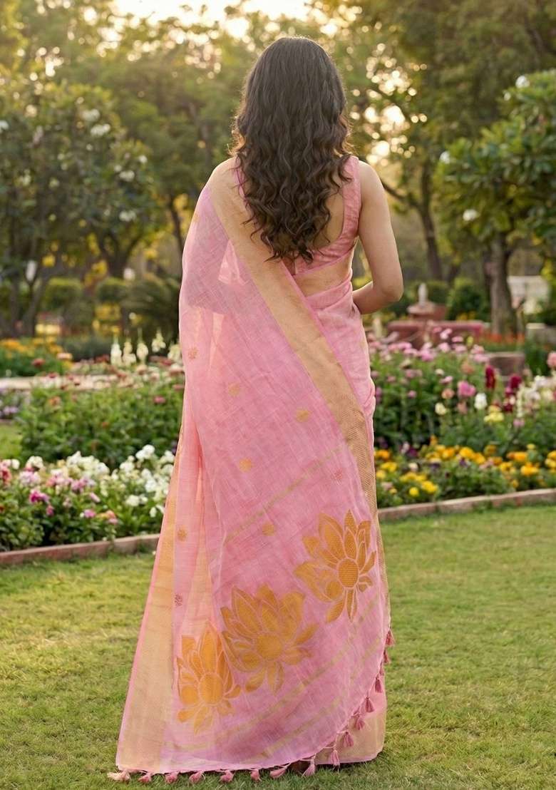 Pink Floral Print Linen Saree Set - Indya