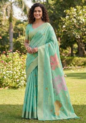 Turquoise Floral Print Linen Saree Set