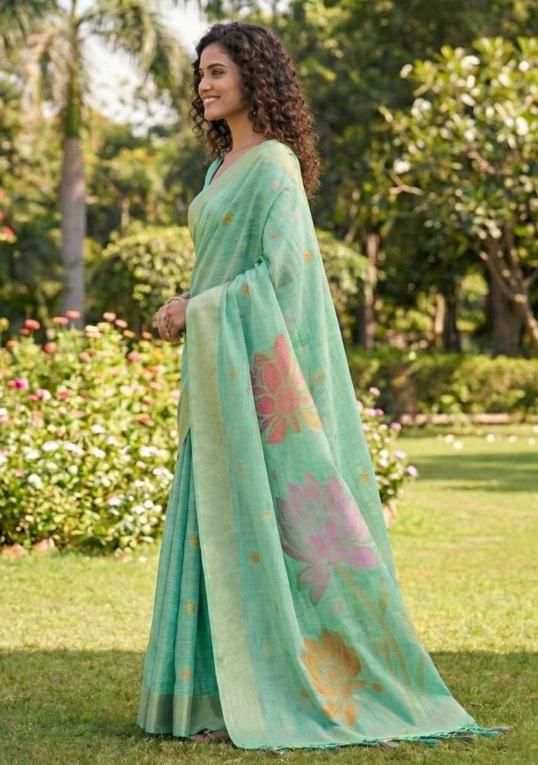 Turquoise Floral Print Linen Saree Set - Indya