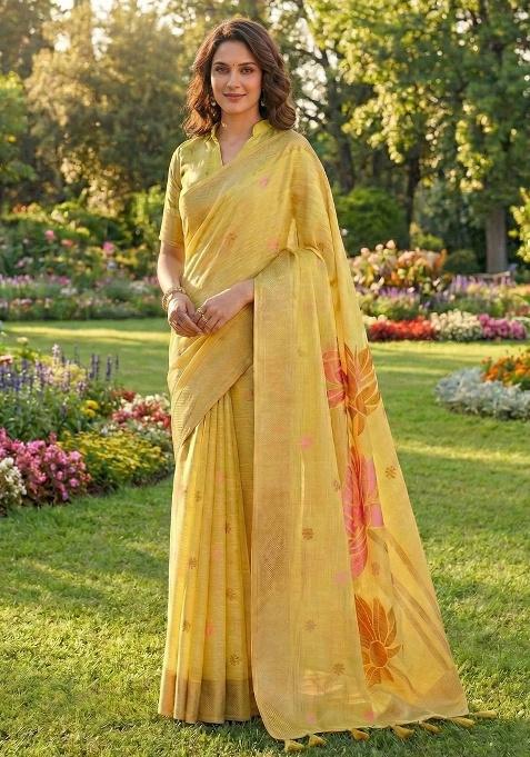 Yellow Floral Print Linen Saree Set