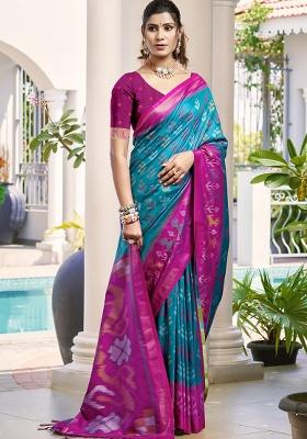 Blue Floral Print Pochampally Saree Set