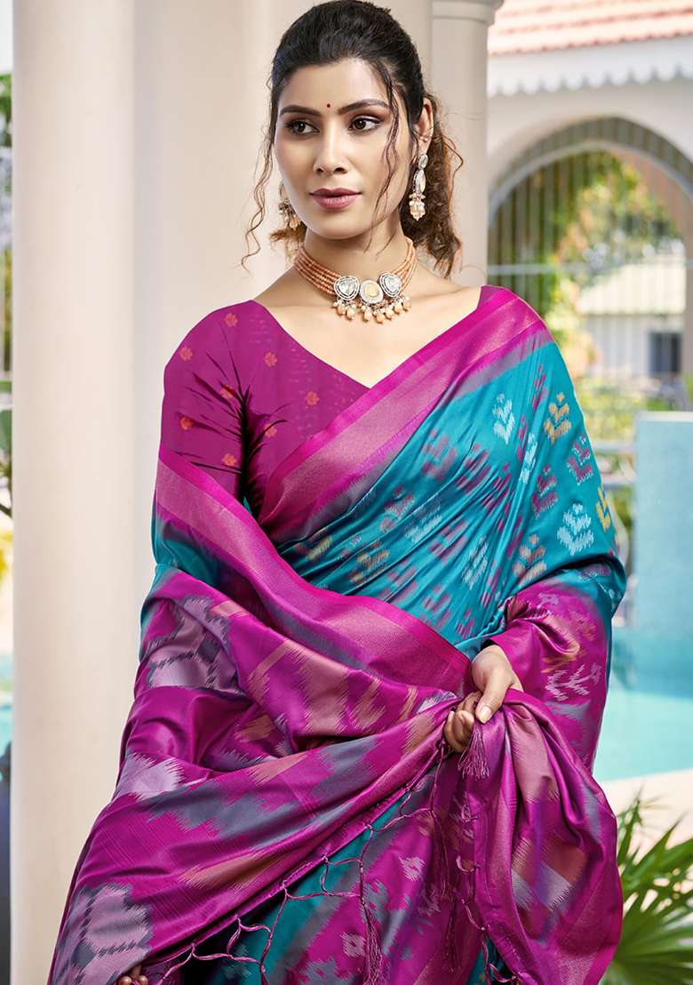 Blue Floral Print Pochampally Saree Set - Indya