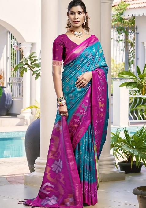 Blue Floral Print Pochampally Saree Set