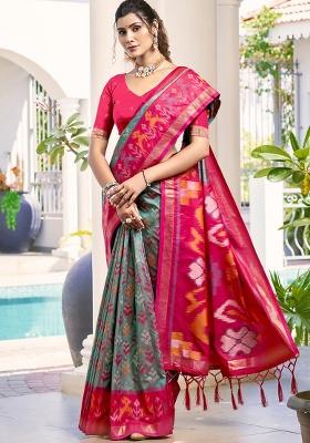 Grey Floral Print Pochampally Saree Set