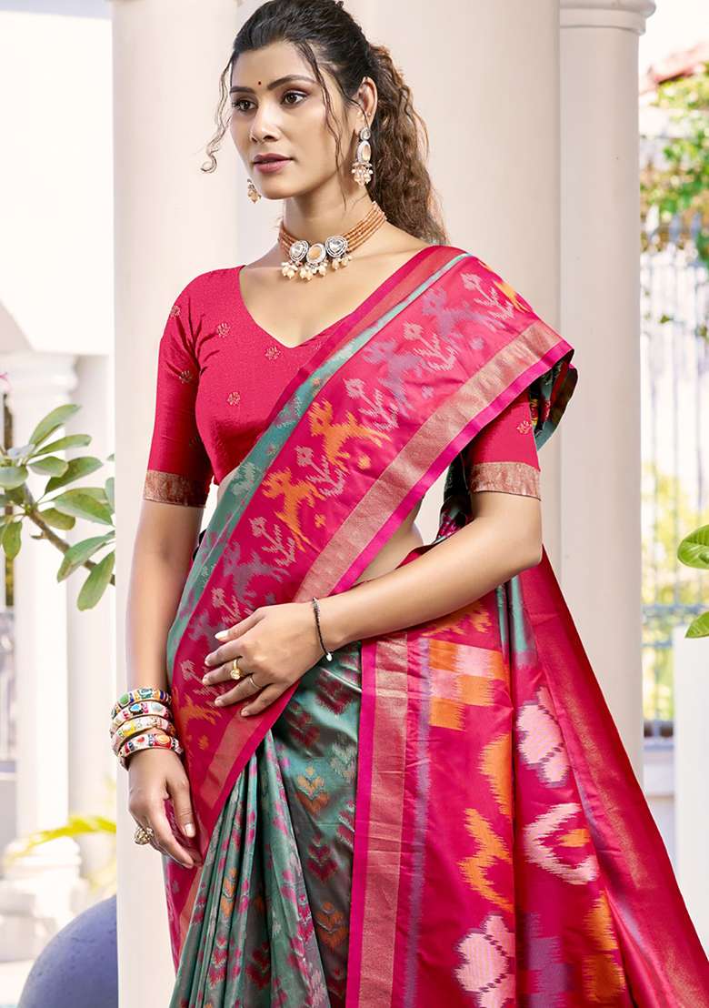 Grey Floral Print Pochampally Saree Set - Indya