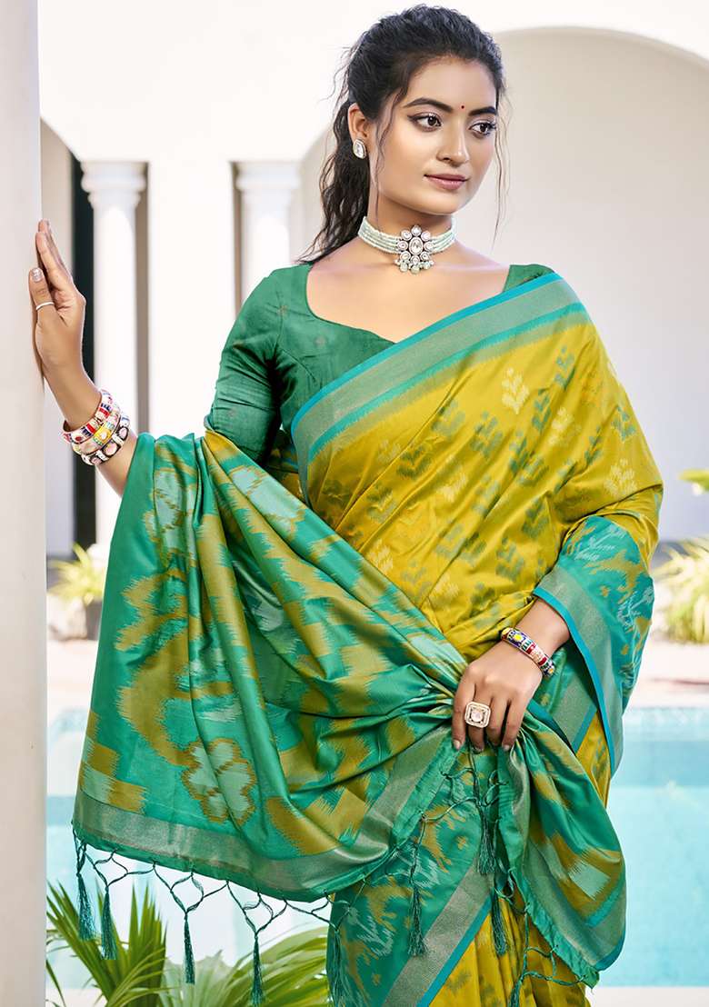 Mustard Floral Print Pochampally Saree Set - Indya