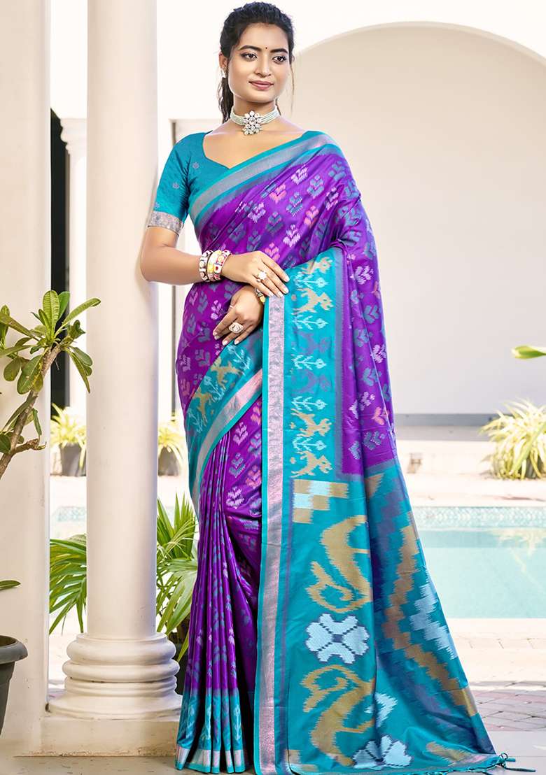 Purple Floral Print Pochampally Saree Set - Indya