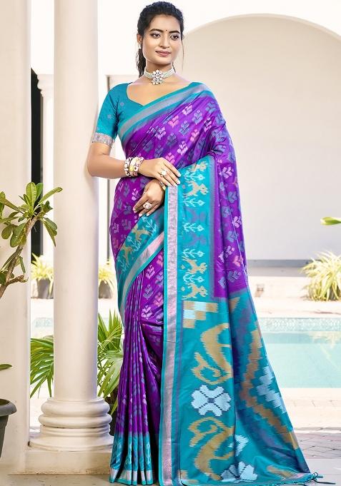 Purple Floral Print Pochampally Saree Set