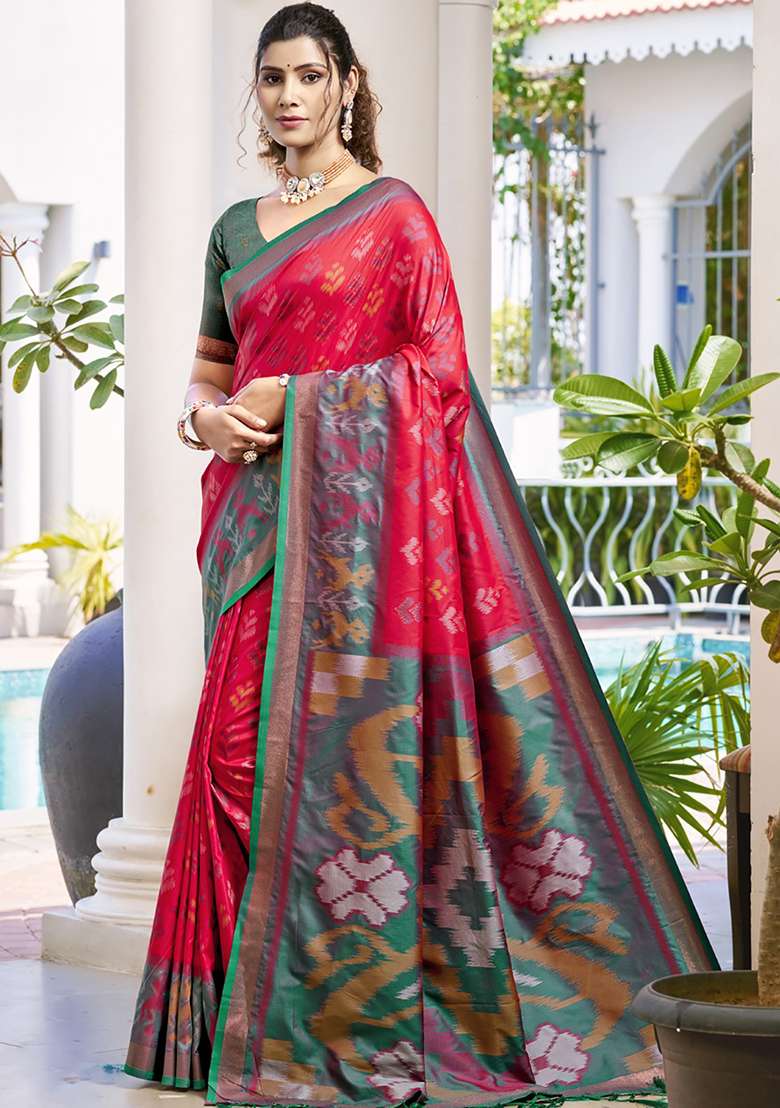 Red Floral Print Pochampally Saree Set - Indya