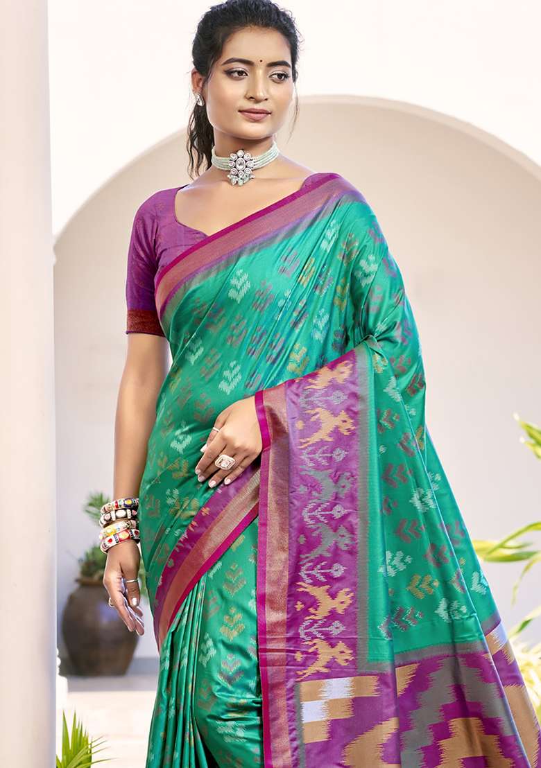 Sea Green Floral Print Pochampally Saree Set - Indya