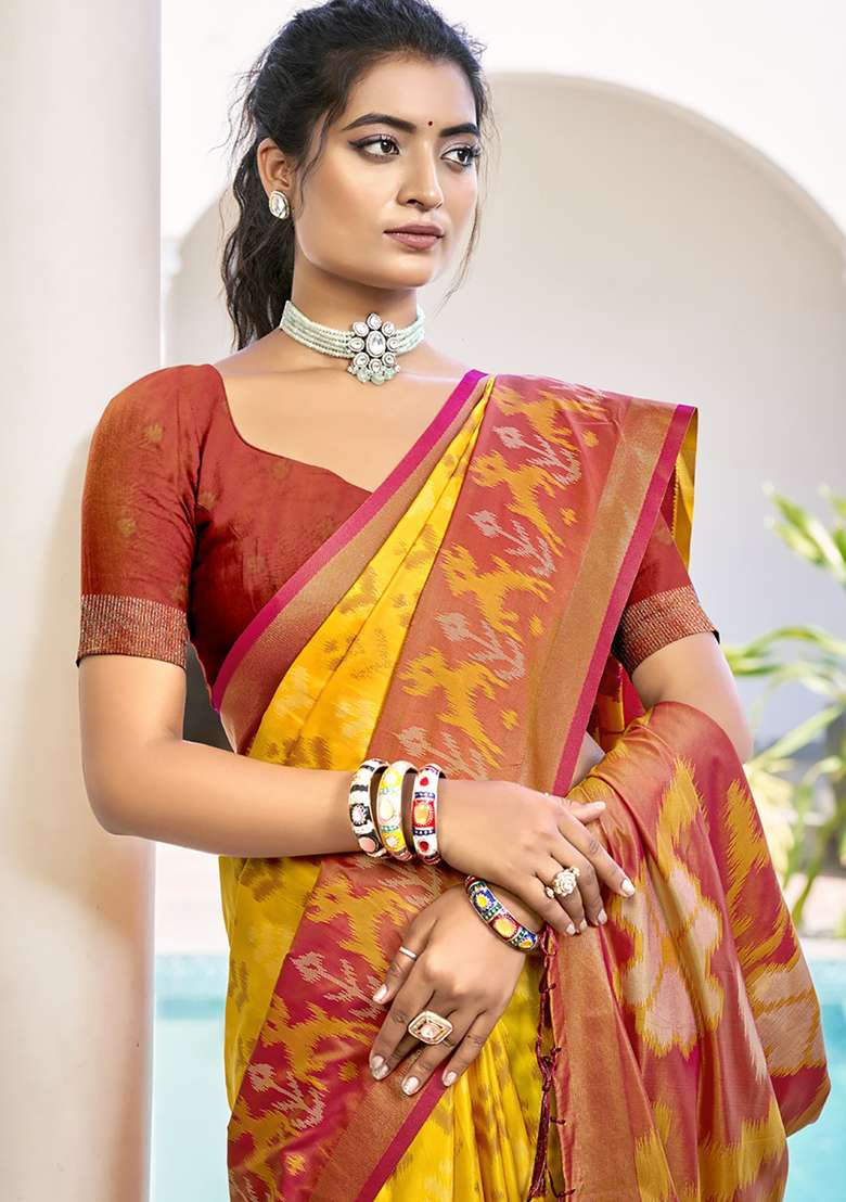 Yellow Floral Print Pochampally Saree Set - Indya