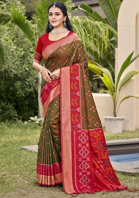 Brown Floral Print Pochampally Saree Set