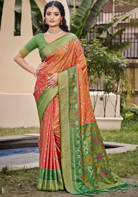 Peach Floral Print Pochampally Saree Set