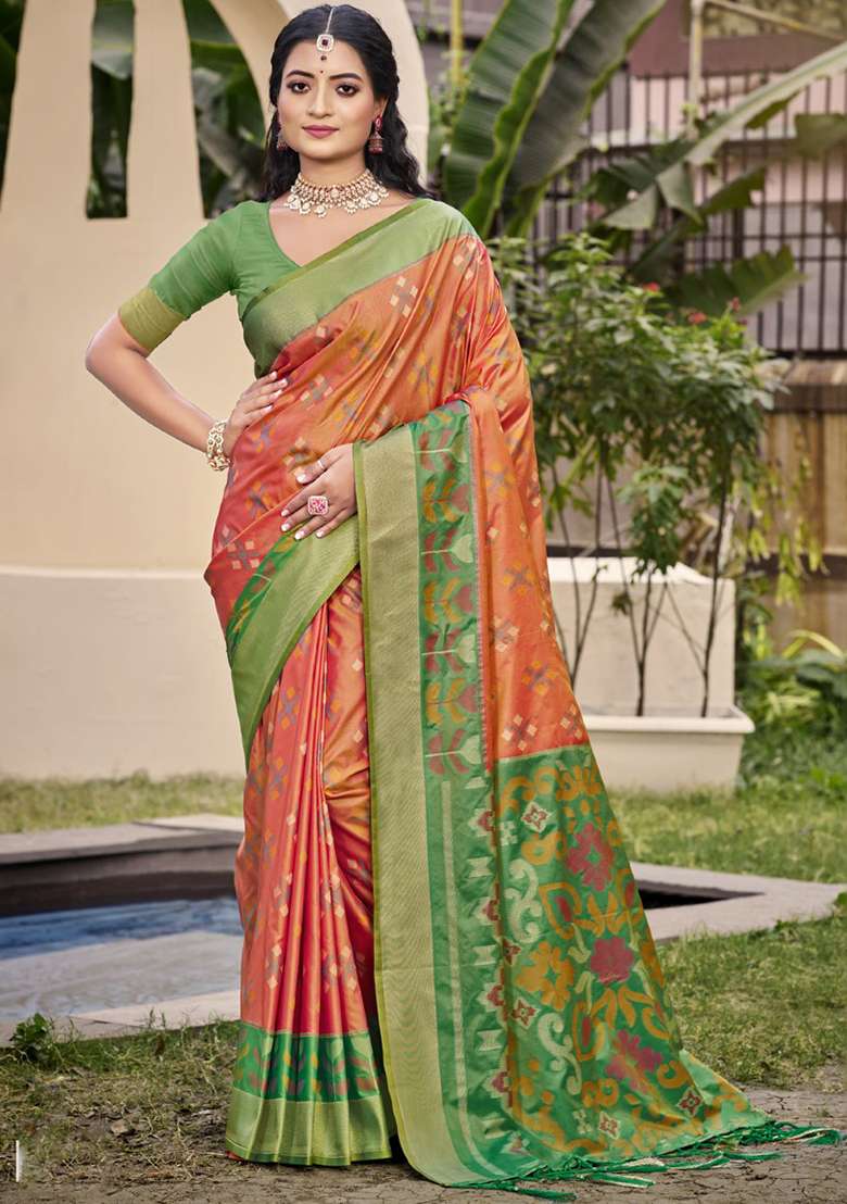 Peach Floral Print Pochampally Saree Set - Indya