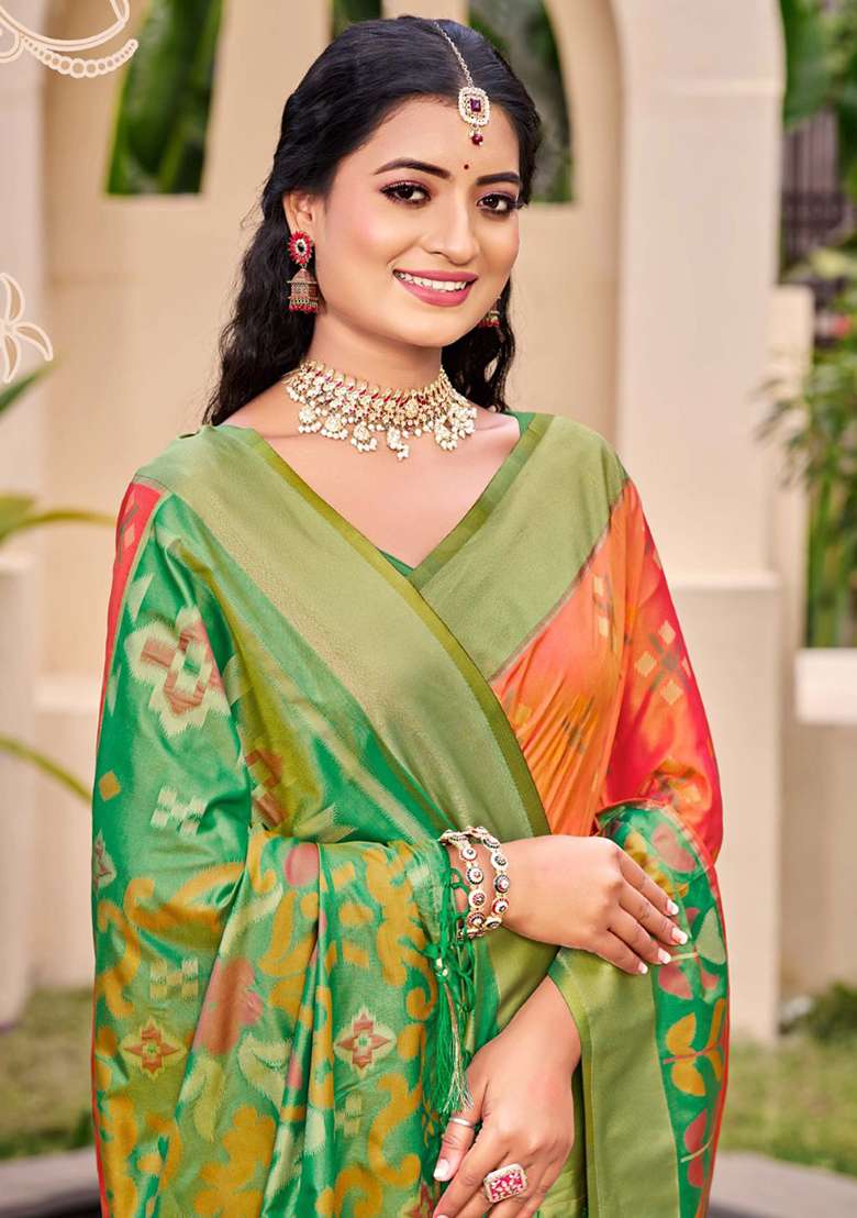 Peach Floral Print Pochampally Saree Set - Indya