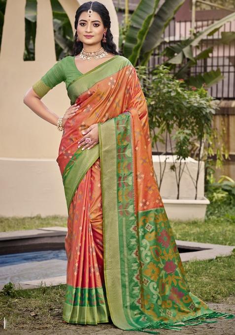 Peach Floral Print Pochampally Saree Set
