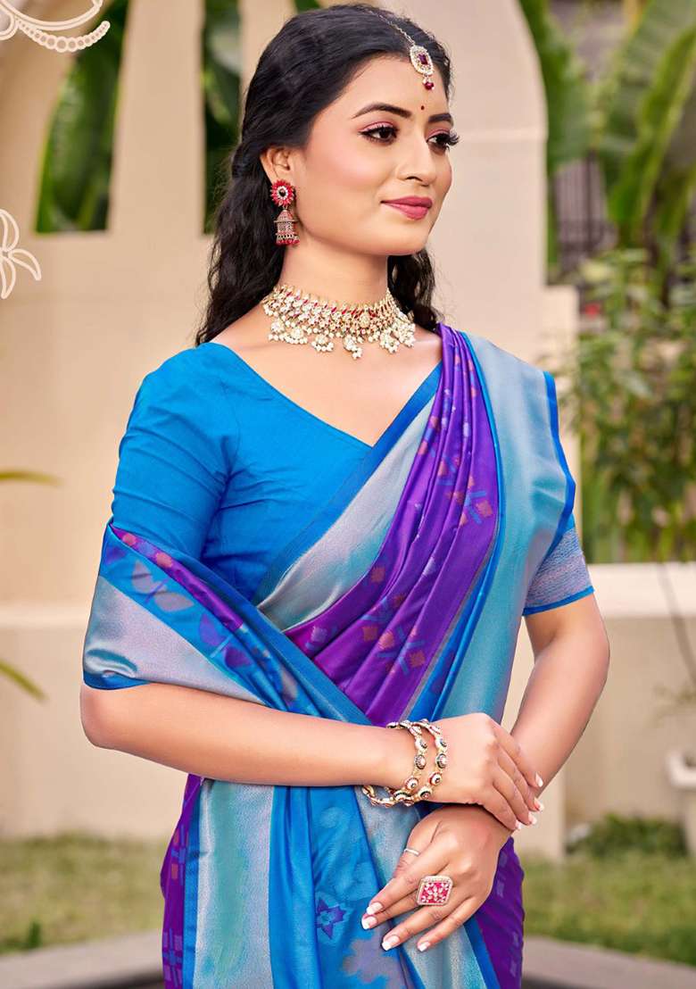 Violet Floral Print Pochampally Saree Set - Indya
