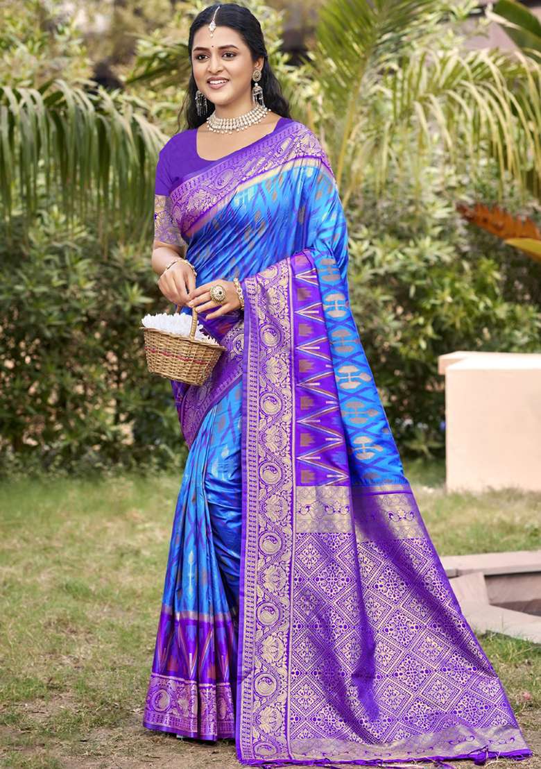 Blue Zari Work Pochampally Saree Set - Indya