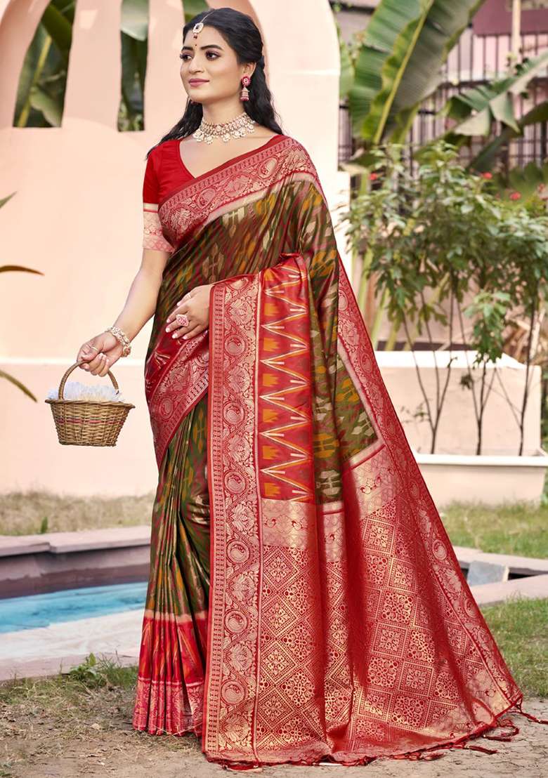Brown Zari Work Pochampally Saree Set - Indya