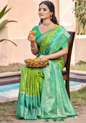 Light Green Zari Work Pochampally Saree Set