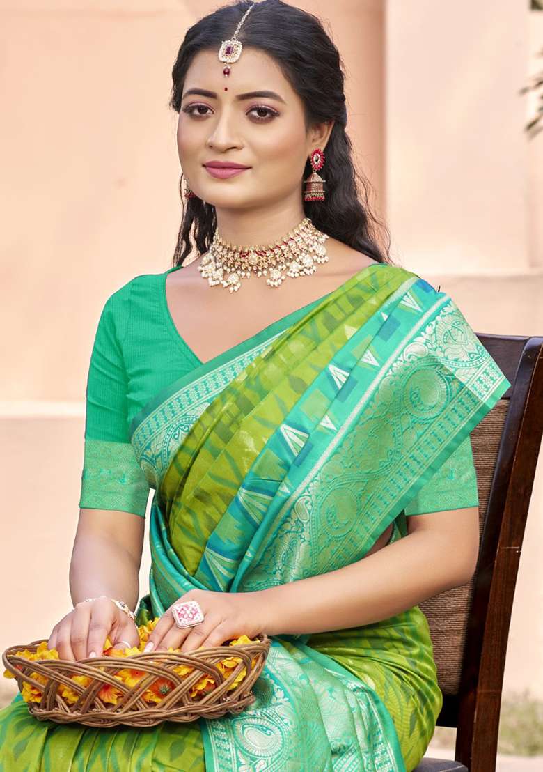 Light Green Zari Work Pochampally Saree Set - Indya