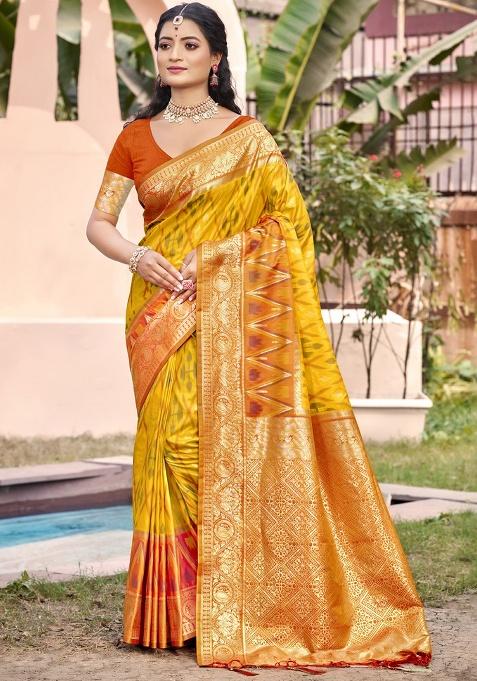 Yellow Zari Work Pochampally Saree Set