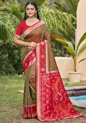 Brown Floral Print Pochampally Saree Set
