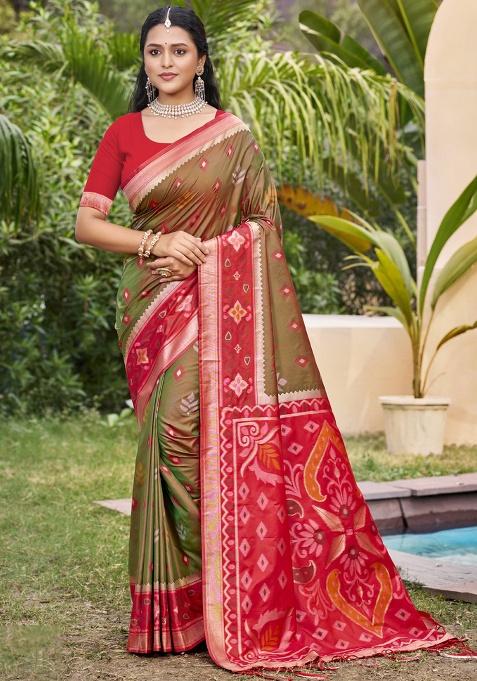 Brown Floral Print Pochampally Saree Set