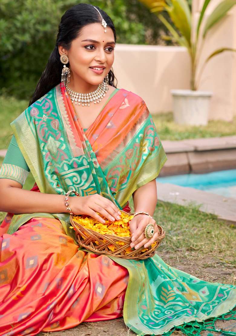 Coral Floral Print Pochampally Saree Set - Indya