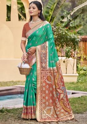 Olive Floral Print Pochampally Saree Set
