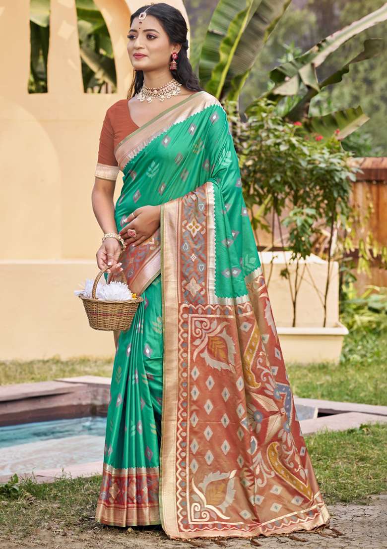 Olive Floral Print Pochampally Saree Set - Indya