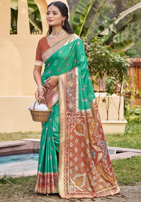 Olive Floral Print Pochampally Saree Set