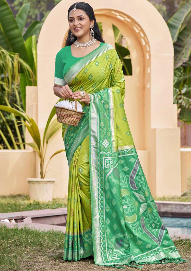 Green Floral Print Pochampally Saree Set - Indya