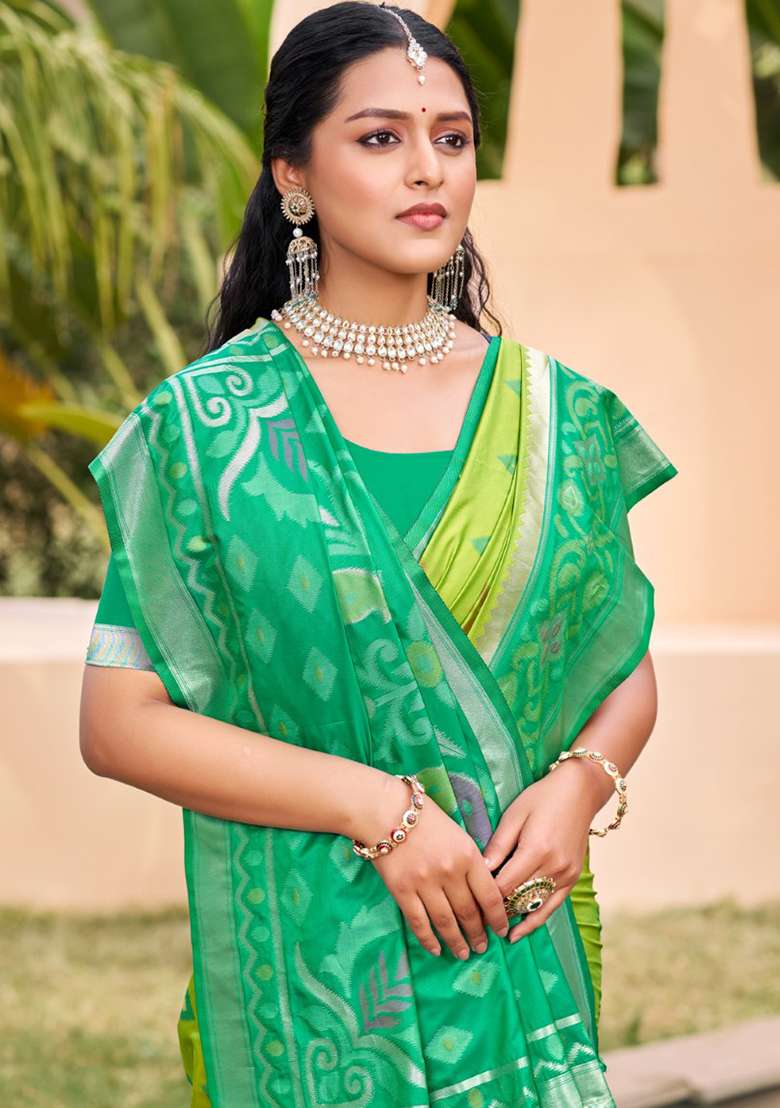 Green Floral Print Pochampally Saree Set - Indya