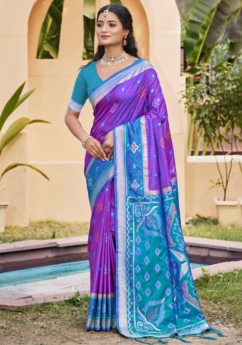 Violet Floral Print Pochampally Saree Set - Indya