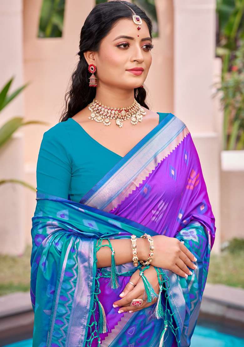 Violet Floral Print Pochampally Saree Set - Indya