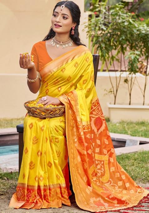 Yellow Floral Print Pochampally Saree Set