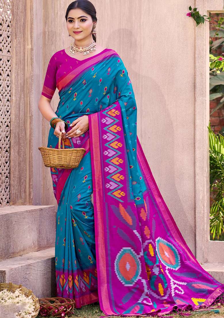 Blue Floral Print Pochampally Saree Set - Indya