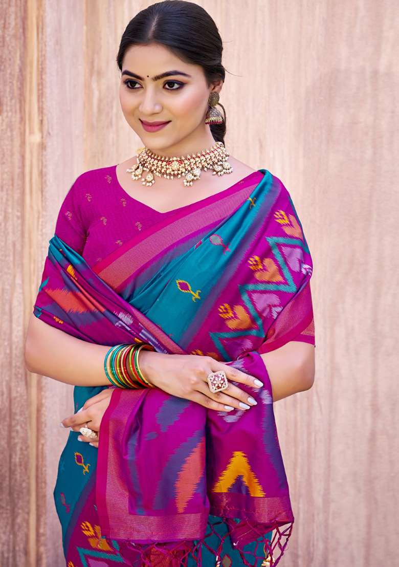Blue Floral Print Pochampally Saree Set - Indya
