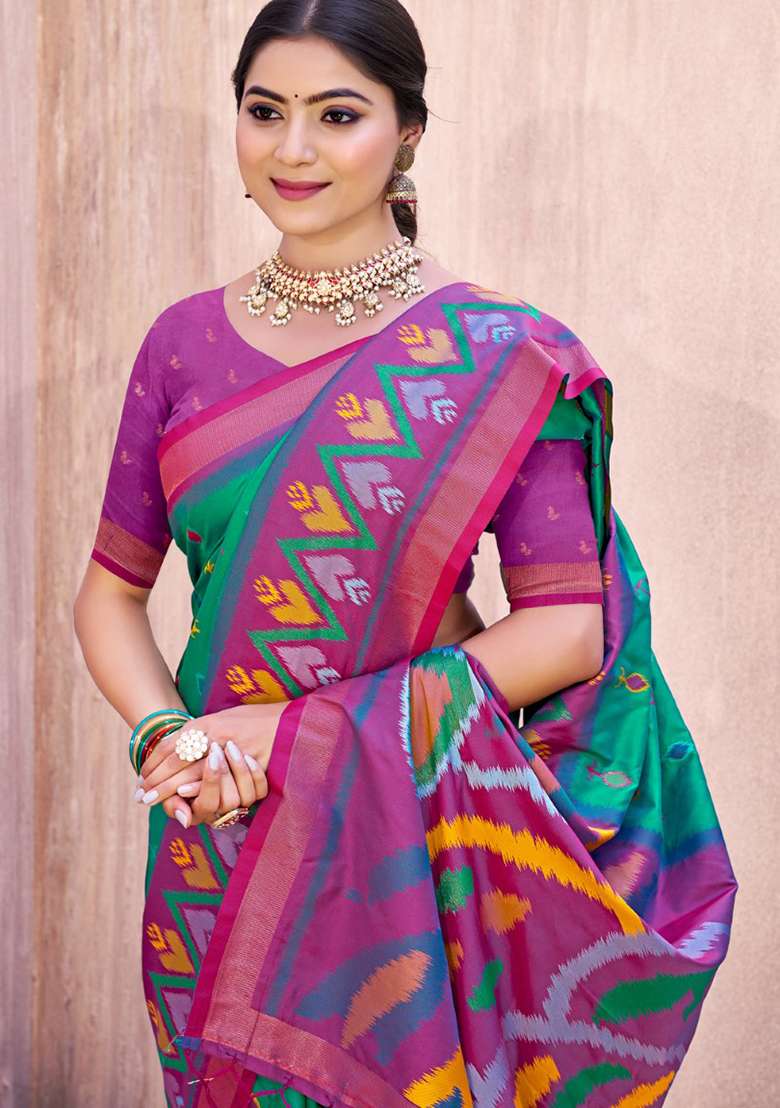 Green Floral Print Pochampally Saree Set - Indya